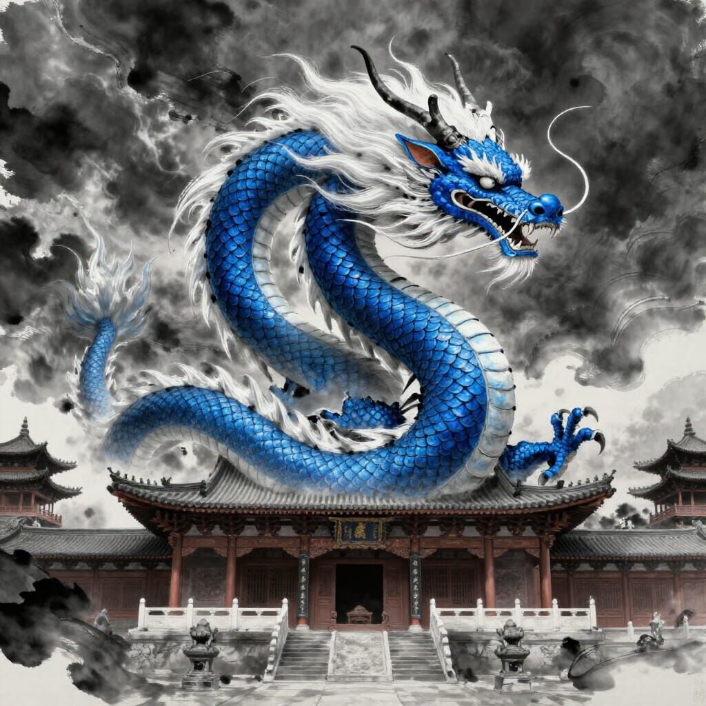 Blue Serpentine Dragon in Storm Clouds Over Ancient Temple