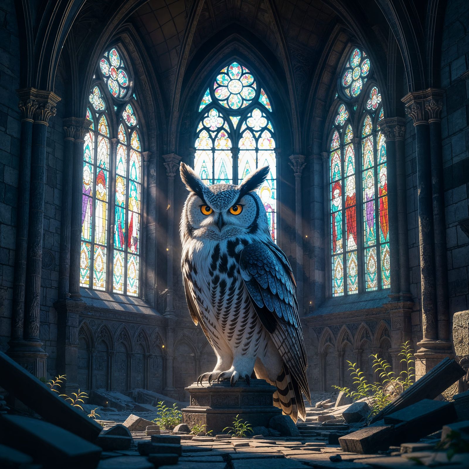 Wise Owl in Ancient Church Ruins