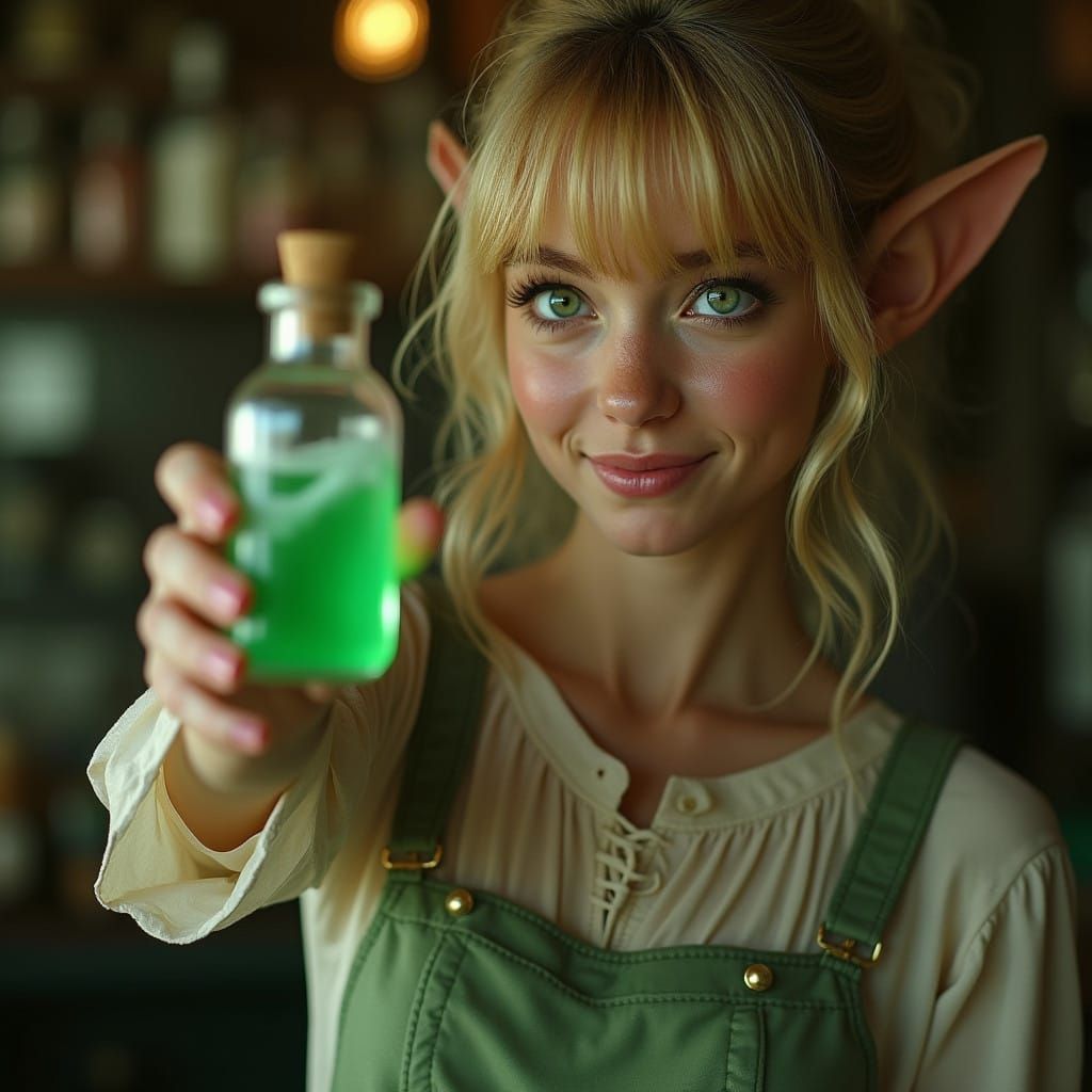 Ethereal Elf Shopkeeper Radiates Beauty in Cinematic 8K Conc...