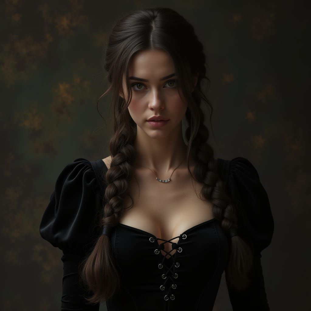 Brunette with Braids in Velvet Dress: Photorealistic Portrai...
