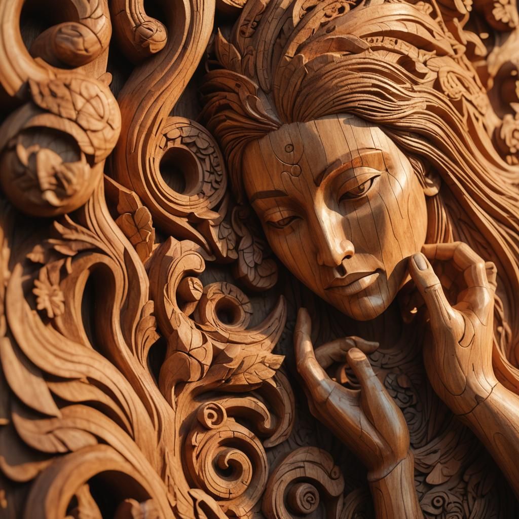 Create a close-up wood statue carving: Mahogany; Intricate, ...