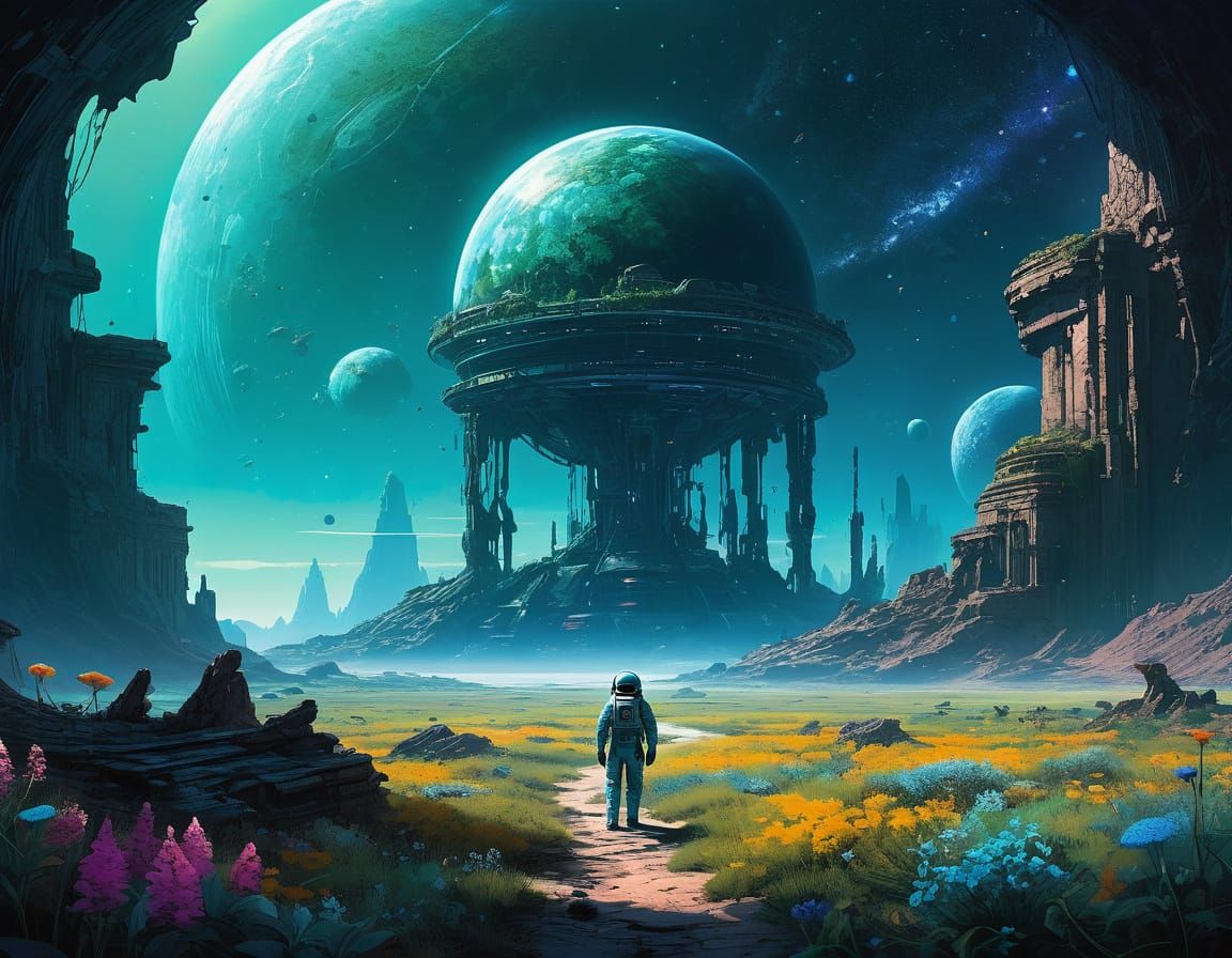 Astronaut's Alien Garden: Concept Art in Moebius Style