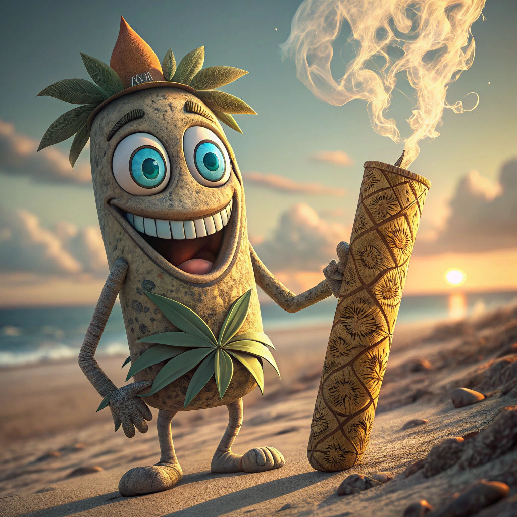 Cartoon Joint on Jamaican Beach in Retro Style