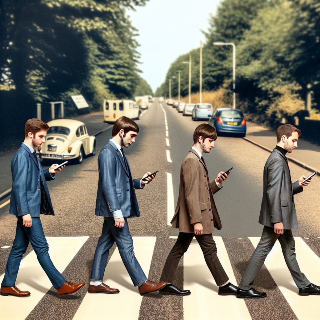 Musicians Crossing Road with Smartphones, Album Cover Style