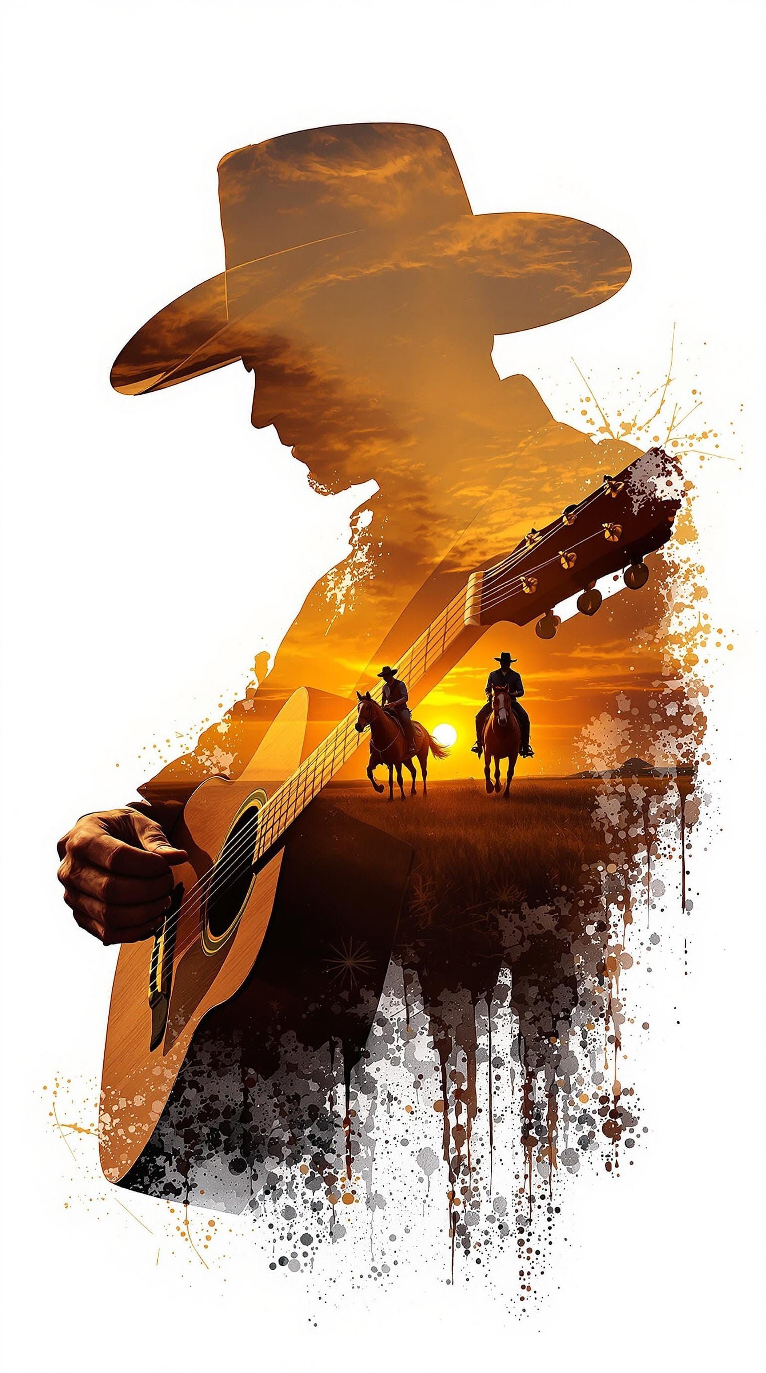 Cowboy Silhouette Double Exposure at Sunset: Digital Art