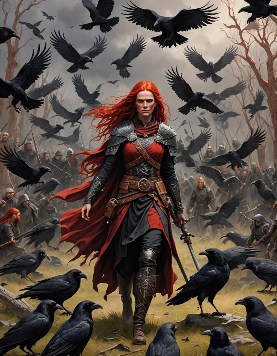 Celtic Warrior with Ravens in Folk Art Style