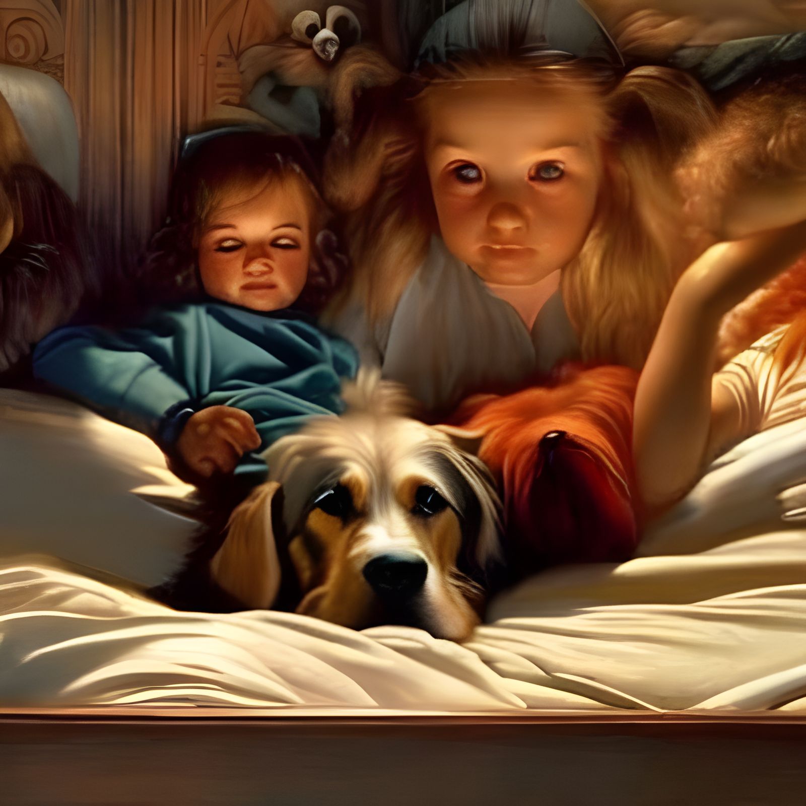 Girl on Bed Surrounded by Dogs