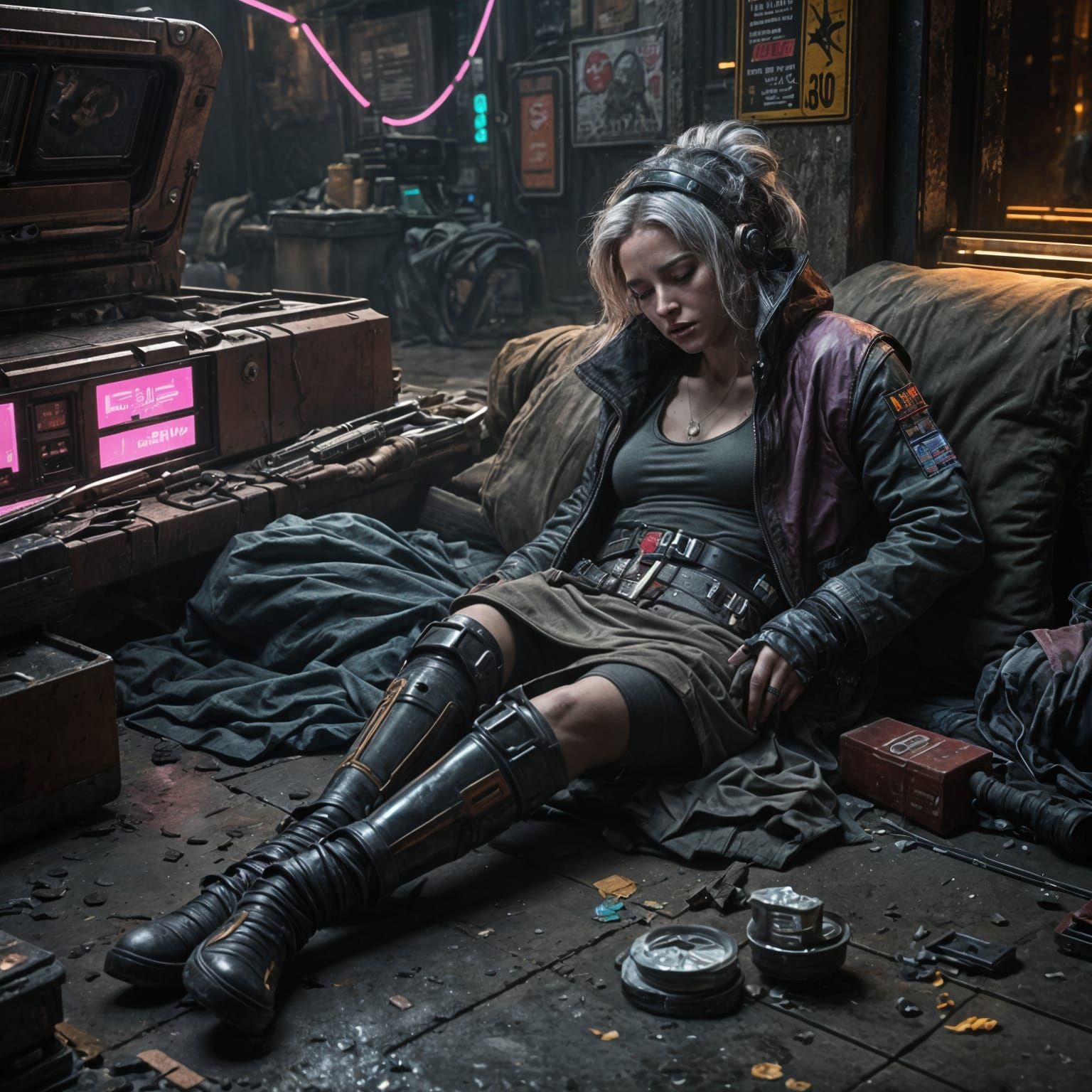 Cyberpunk Beggar Asleep in Alley: Photorealistic 8k Portrait