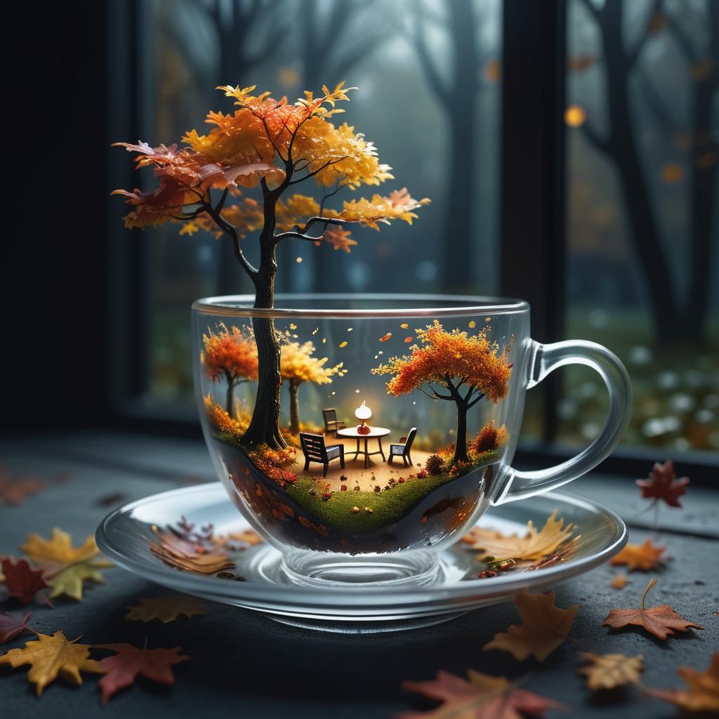 Surreal Miniature Autumn Park in Glass Cup