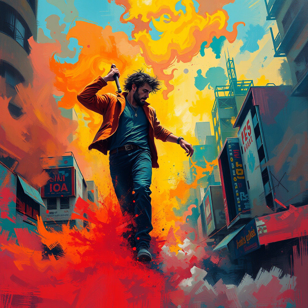 Dreamlike Cityscape Portrait with Spray Paint and Bold Color...