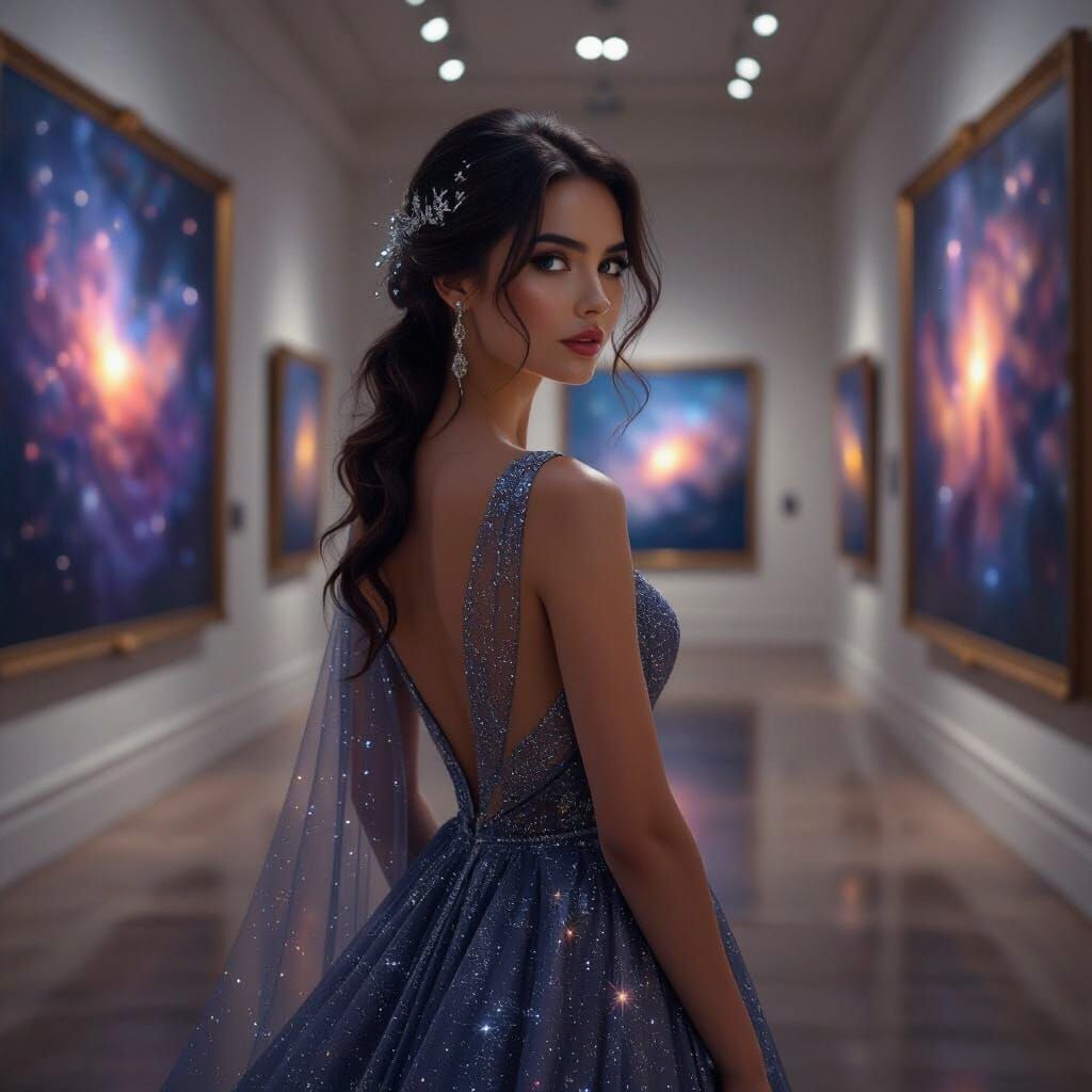 Cosmic Woman in Art Gallery, Hyper-Realistic Style