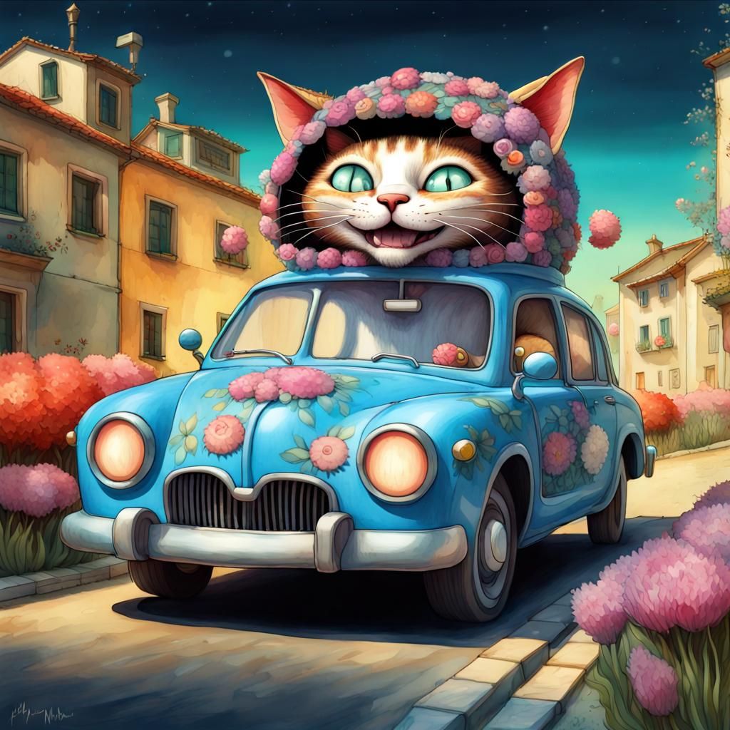 Laughing Cat Car in Watercolor Storybook Style
