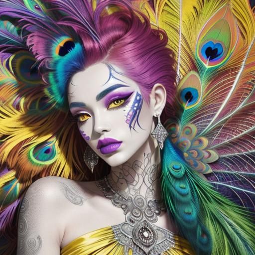 Abstract Expressionist Portrait of Woman with Peacock Hair