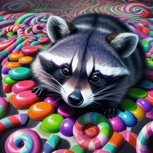 Raccoon in Candyland Wonderland: Gouache and Charcoal
