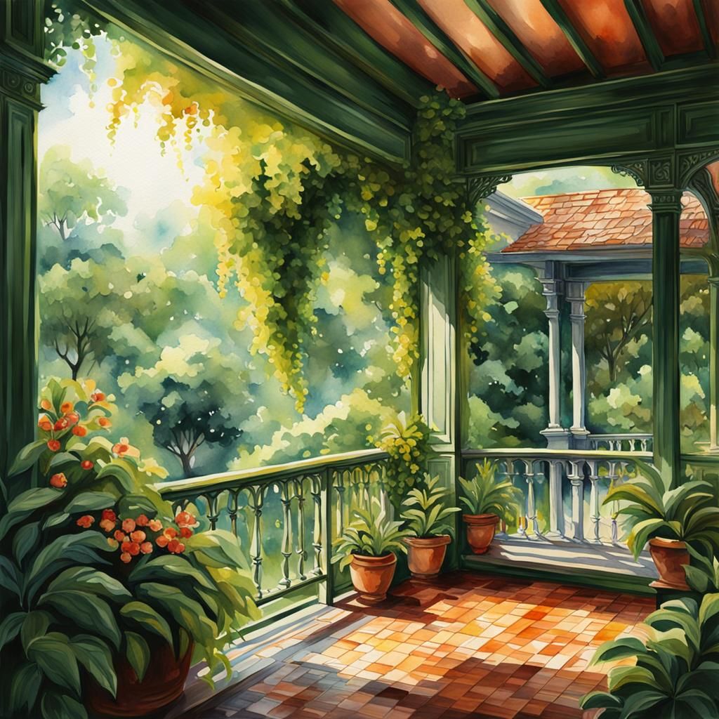Watercolor Veranda Overlooking Lush Foliage