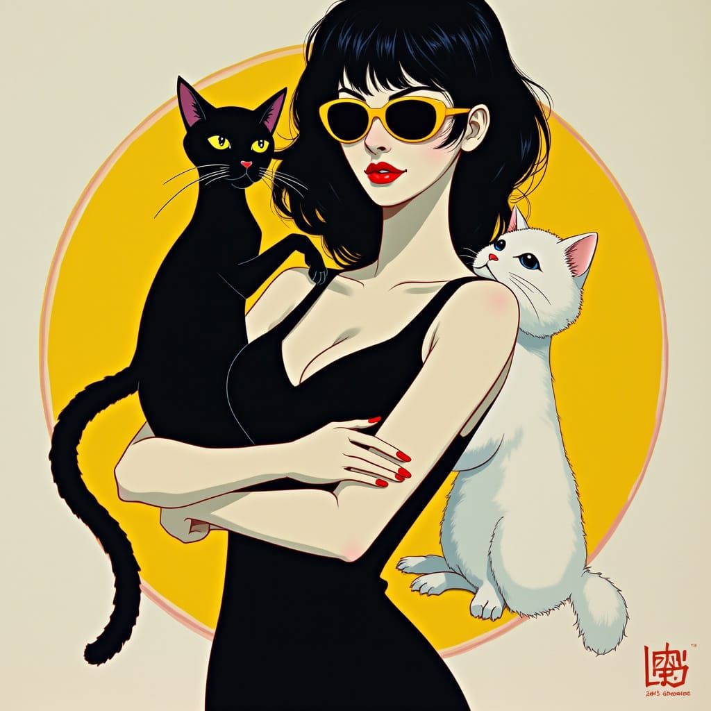 Woman with Cats in Patrick Nagel 80s Style