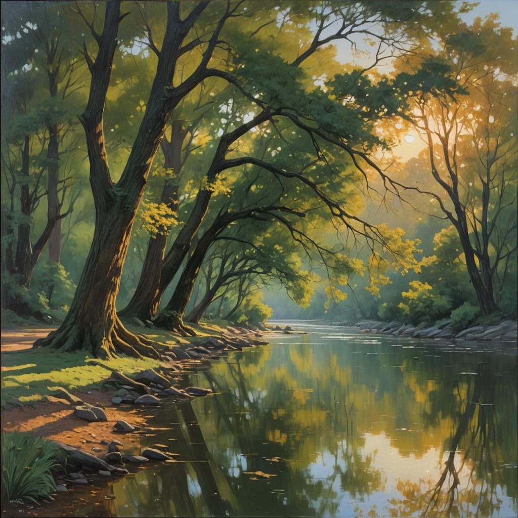Quiet Park at Sunset in Oil Painting Style