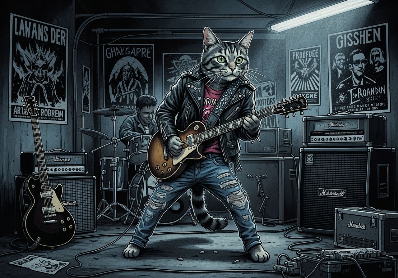 Gen X Cat Guitarist in Punk Rock Style