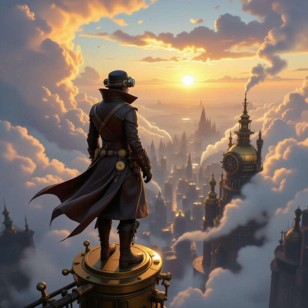 Steampunk Explorer Gazes at Metropolis of Gears