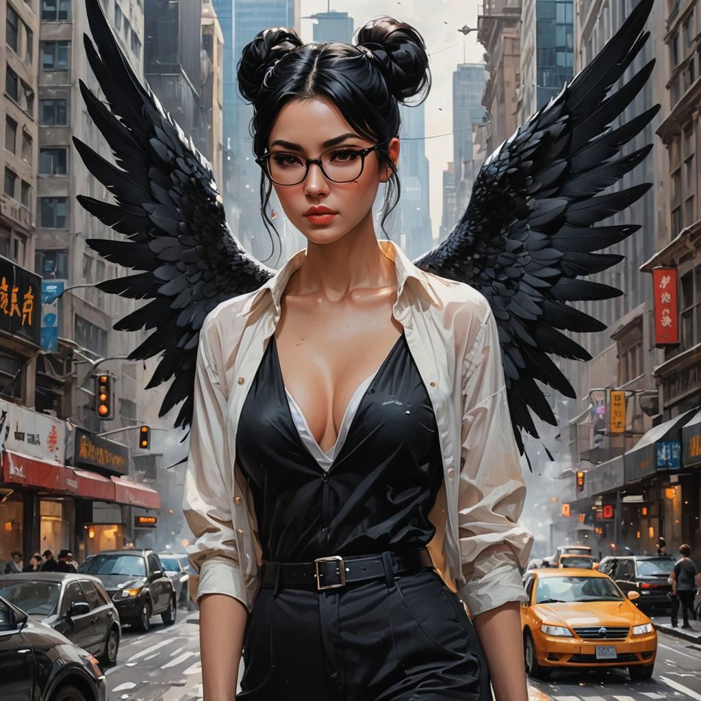 Angel with Black Wings and Cityscape Background