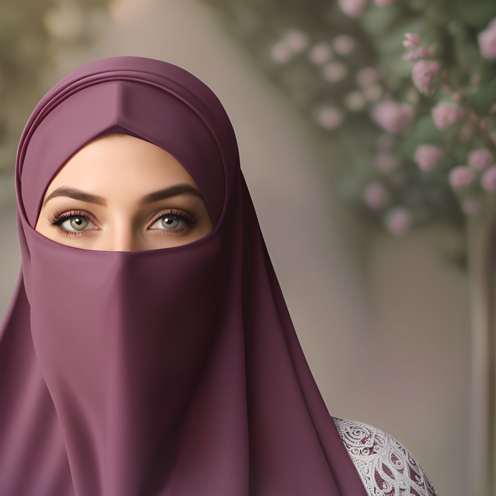 German Woman in Pink Hijab in Rose Garden