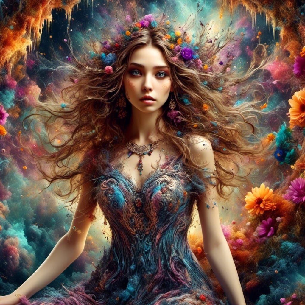 Beautiful Woman in Lush Garden: Digital Art