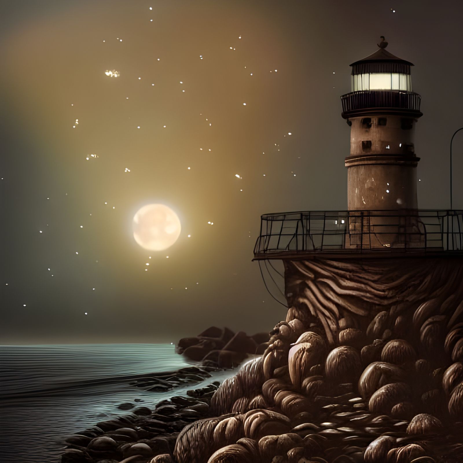 Moonlit Ruin: Lighthouse with Fireflies in Digital Art