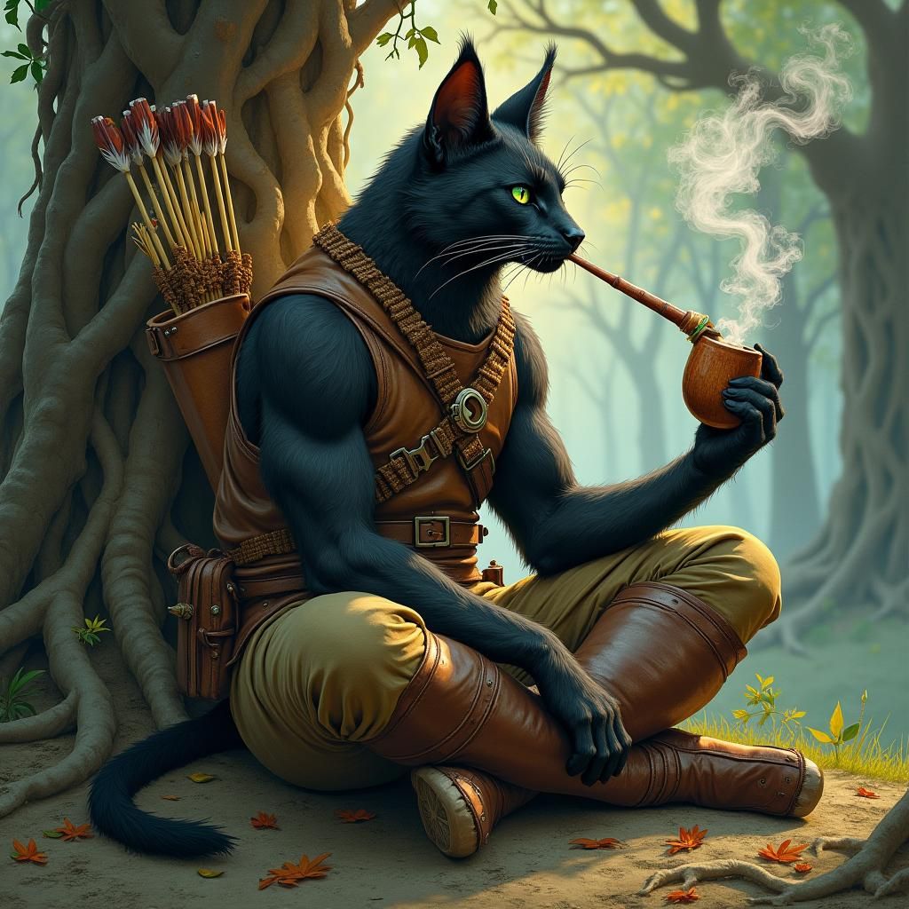 Catfolk Ranger in Forest Twilight: Fantasy Art