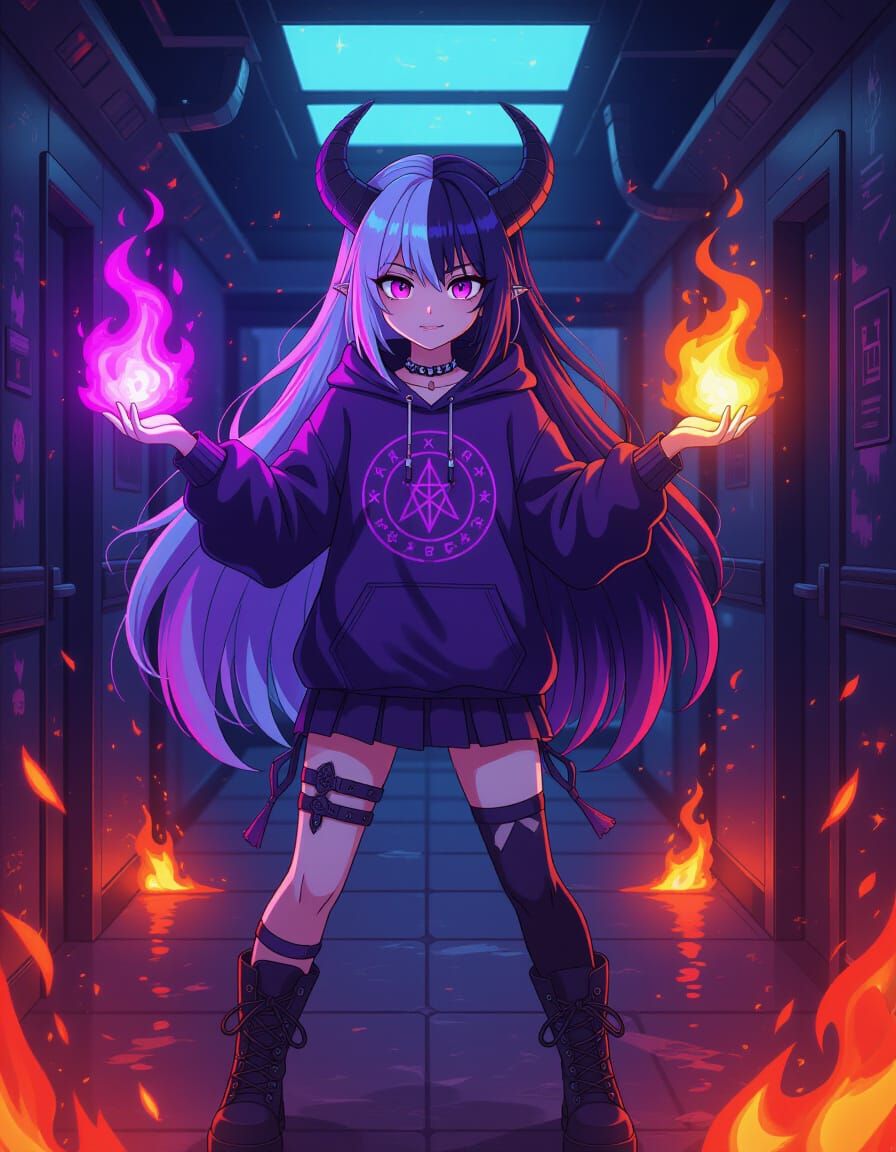 Teen Girl Summons Fire in Anime Semi-Realism Style