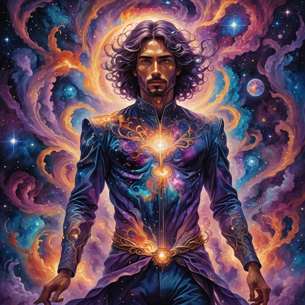 Cosmic Figure Amidst Swirling Nebula in Dreamlike Art