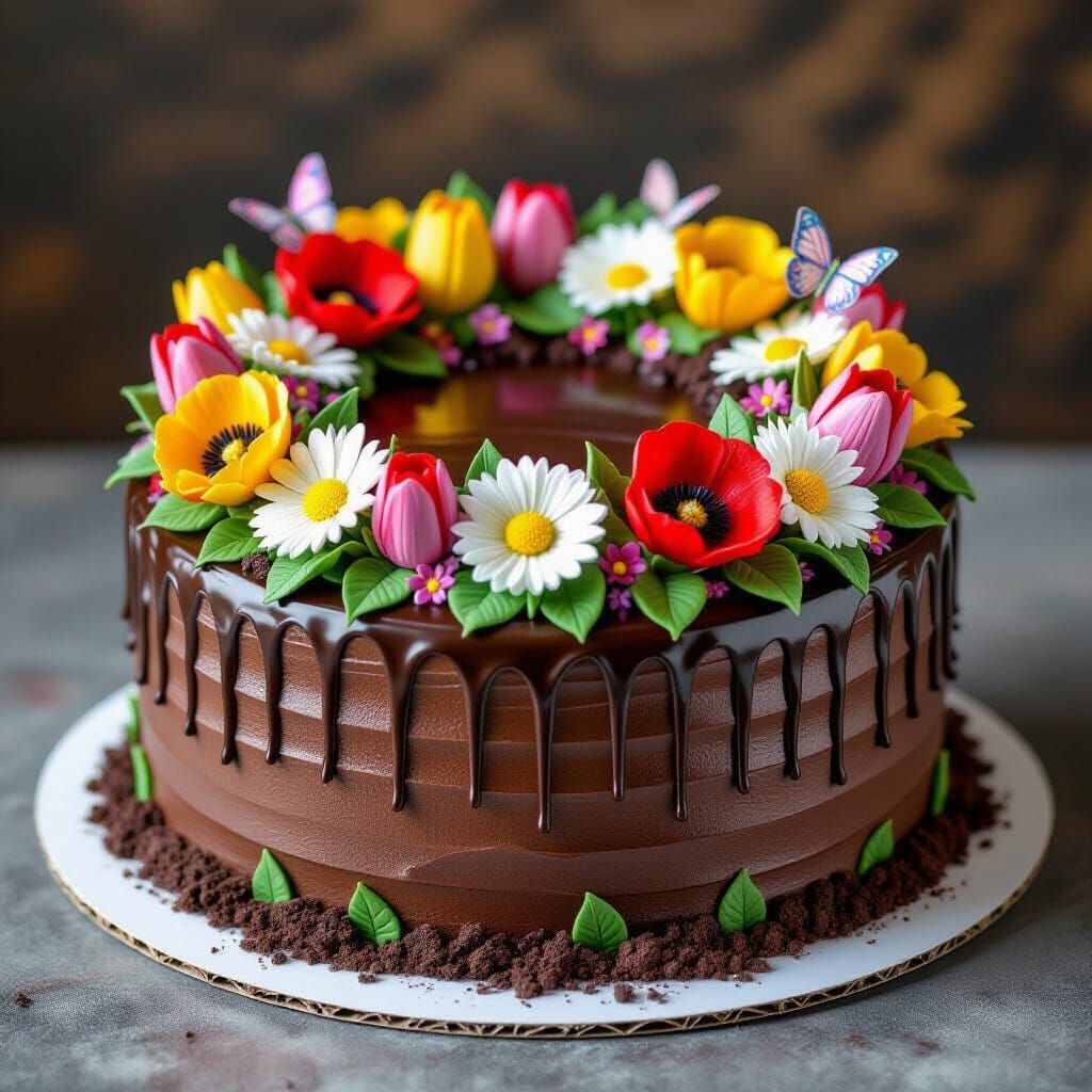 Decadent Chocolate Cake Garden with Fondant Flowers