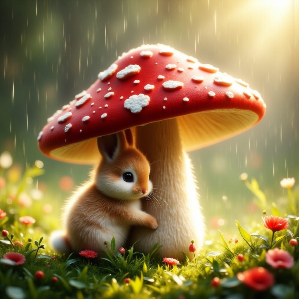 Whimsical Mushroom Oasis with a Sheltered Bunny