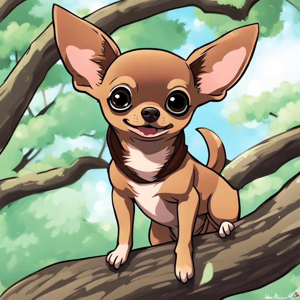 Cute Brown Chihuahua in Tree, Anime Style