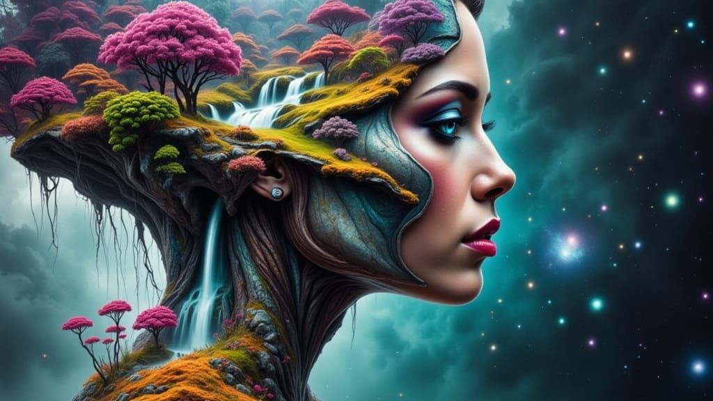 Alien Woman Double Exposure with Exotic Landscape