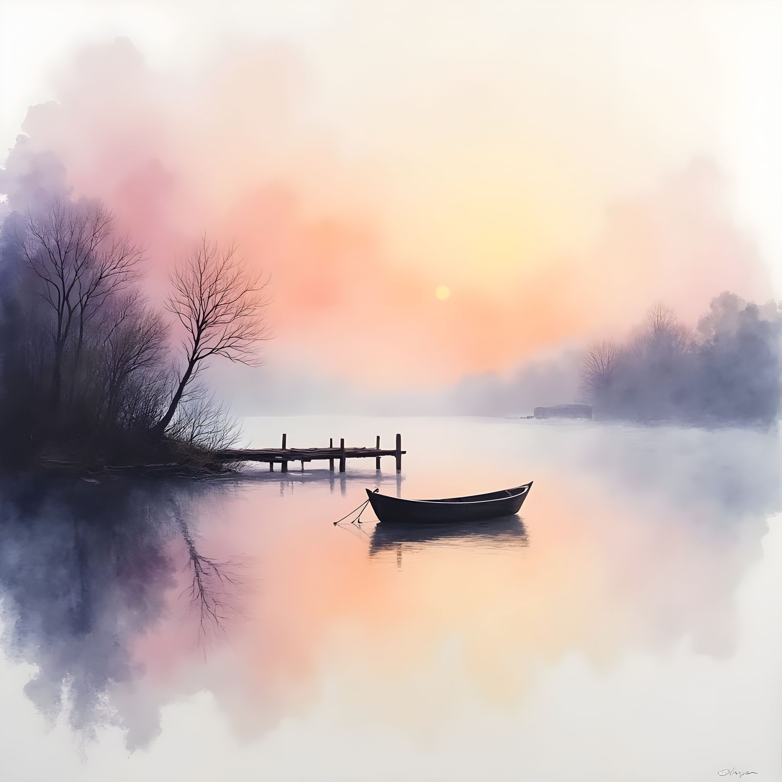 Serene Dawn Landscape in Soft Watercolor Hues