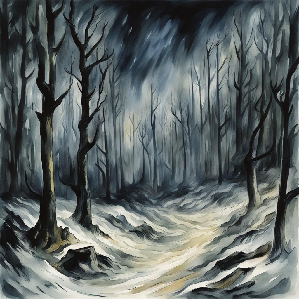 Dark Winter Forest in Surreal Expressionist Style