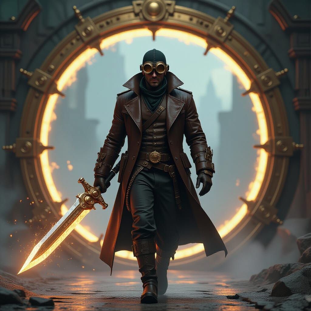 Steampunk Time Traveler Passing Through Moongate