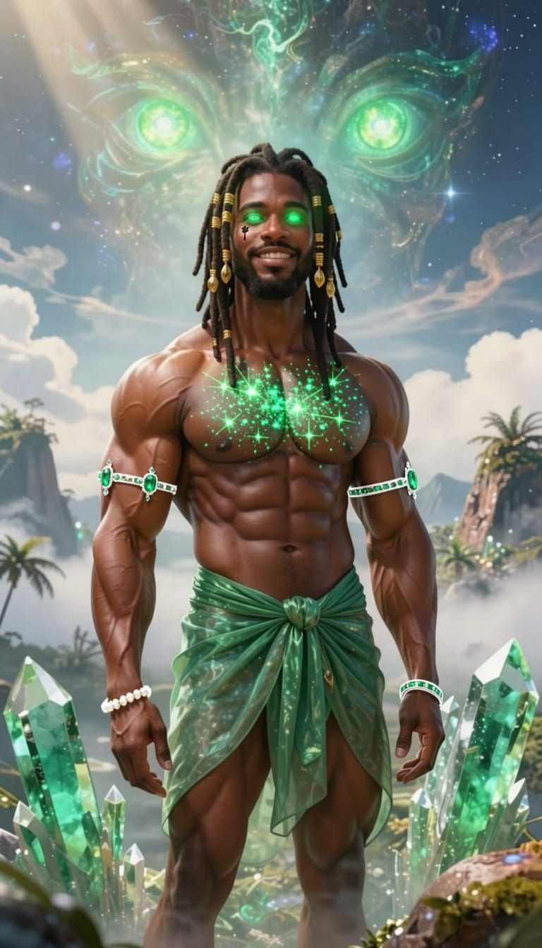 Handsome Demigod Amidst Emerald Crystals