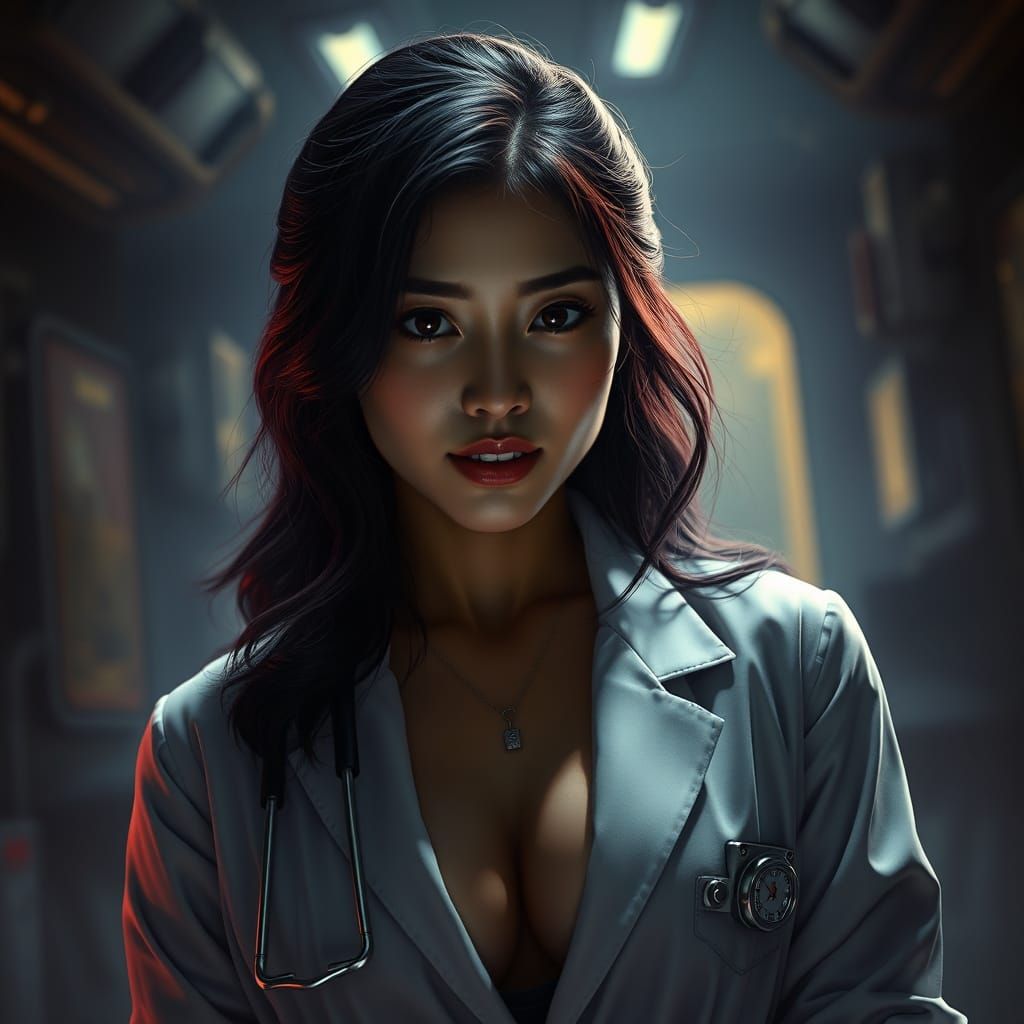 Sinister Asian Doctor in Dark Fantasy Horror Style