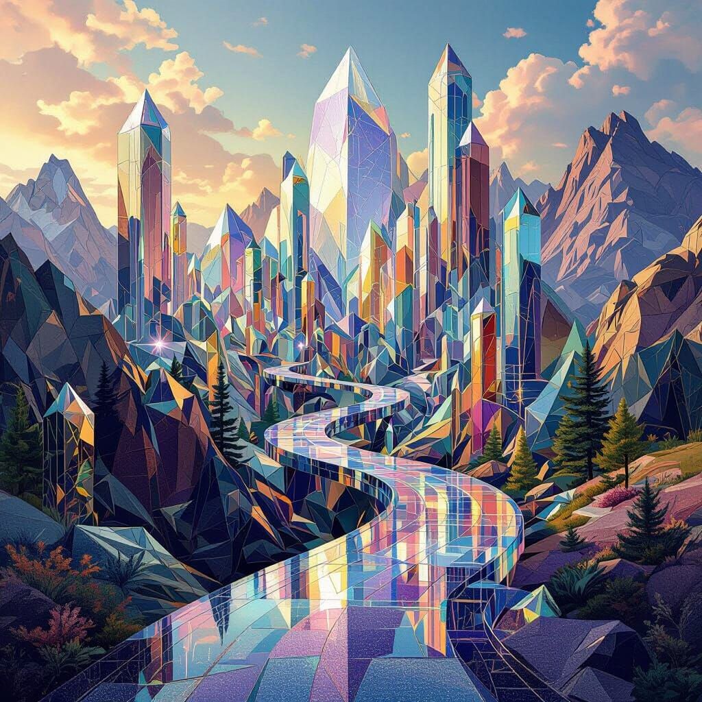 Neo-Cubist Crystal World with Geometric Art Deco Elements