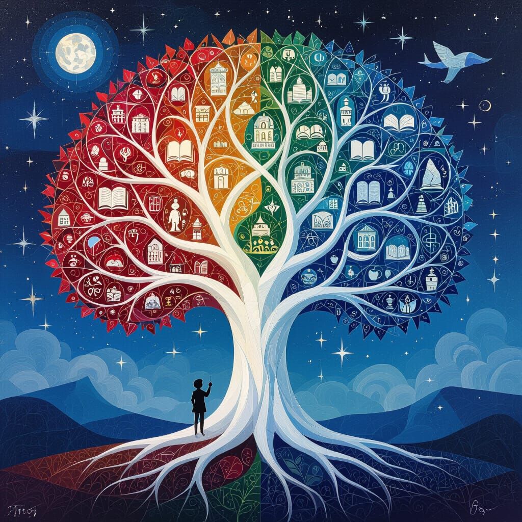 Vibrant Tree of Knowledge in Cubist Fantasy Style