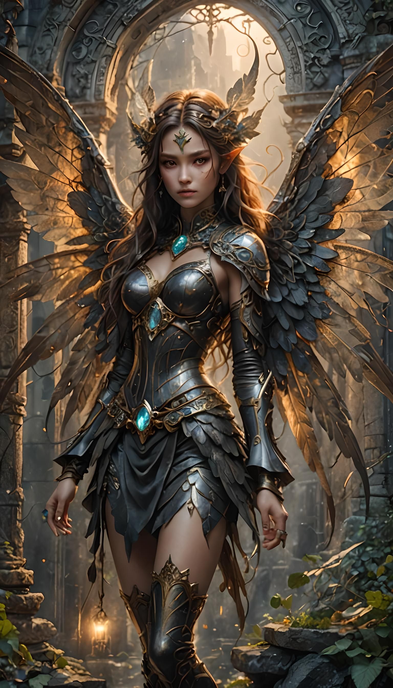 (Fairy with wings made of metal and stone:1.3) brilliant det...