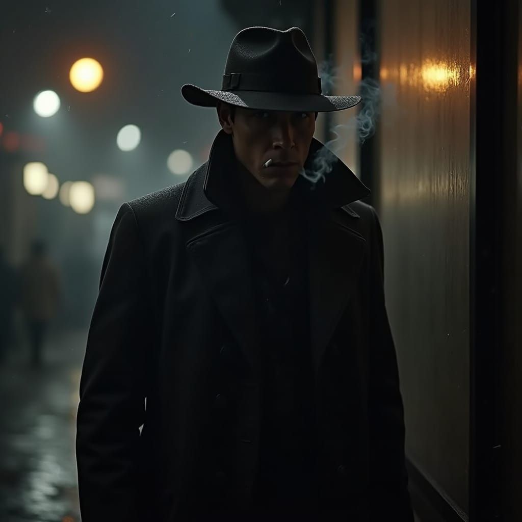 Noir Detective in Rain with Cigarette Smoke