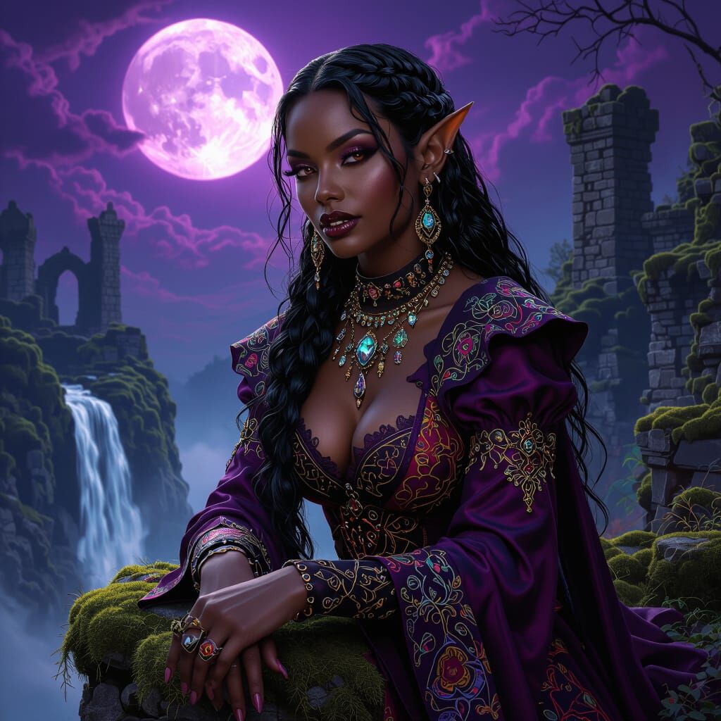 Vampire Elf Woman on Cliff Overlooking Waterfall