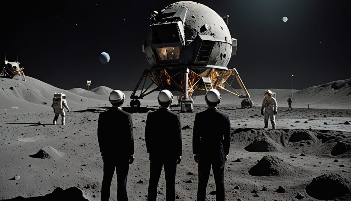 Men in Black Watch Moon Landing from Crater
