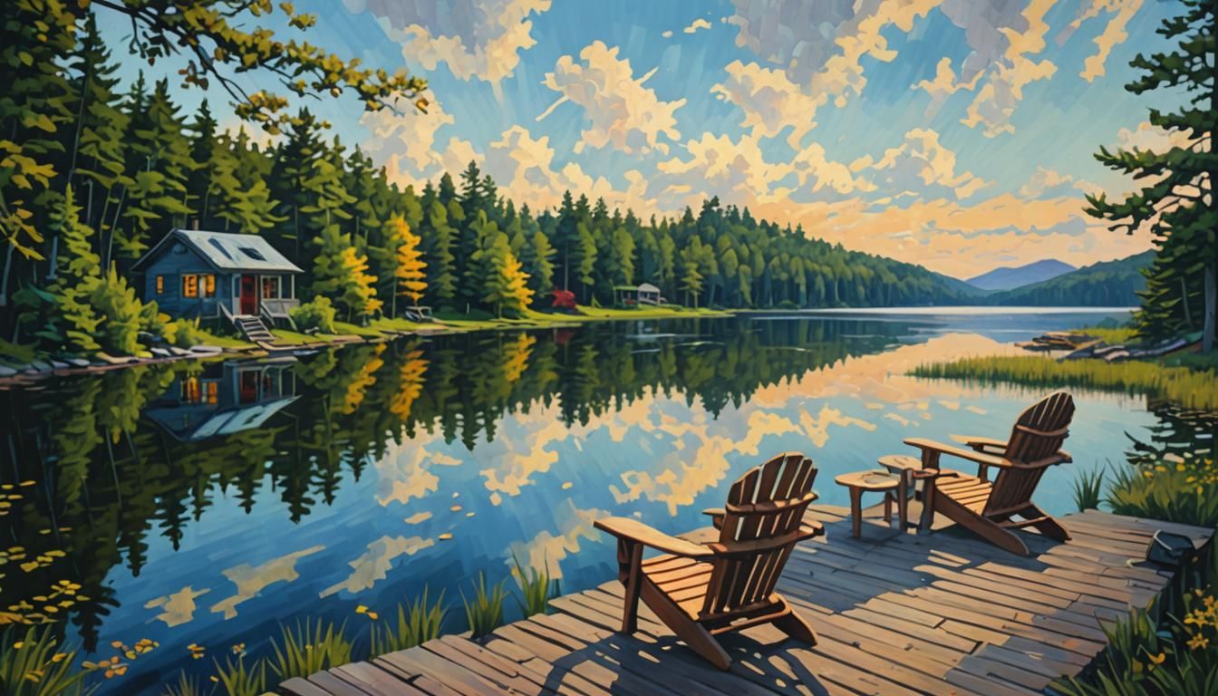 Cottage Retreat on Lake: Gouache Pixel Art Style