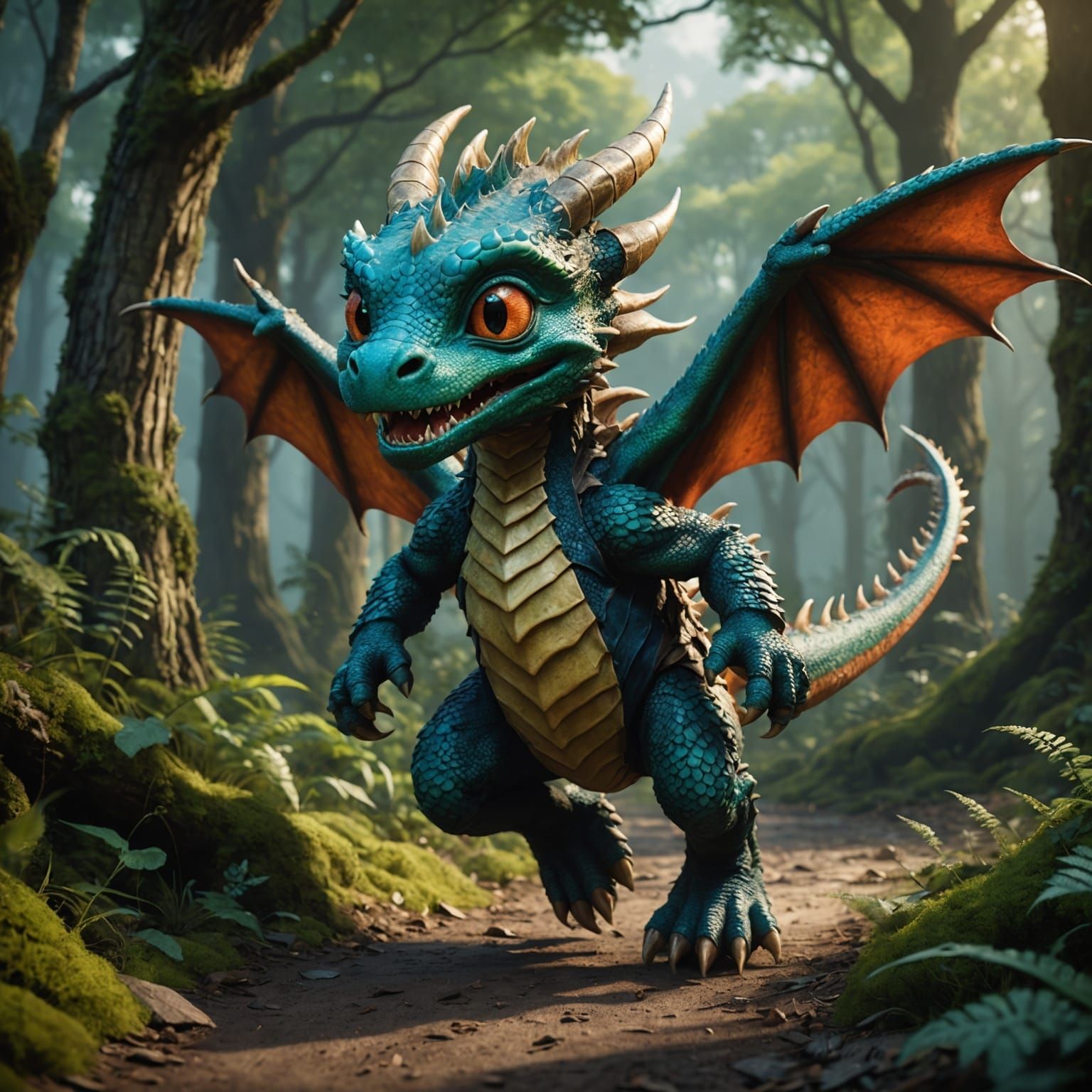 Baby Dragon Runs Through Forest at Night