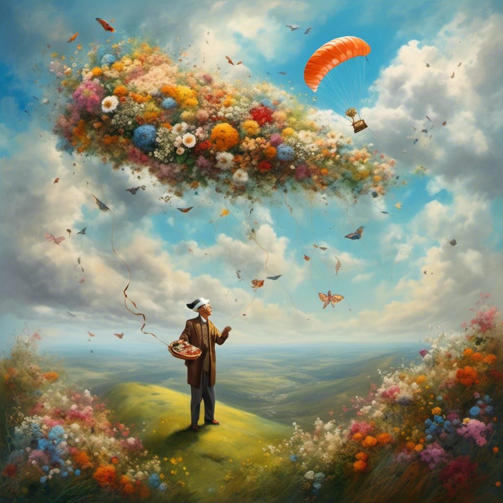 Elderly Man Flies Sushi Kite in Surreal Landscape