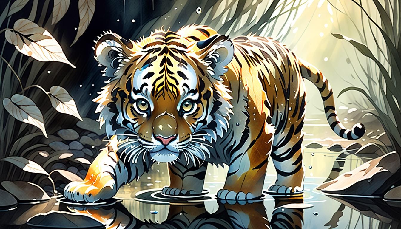 abstract portraiture of a tiger cub portrait, rivulet of run...