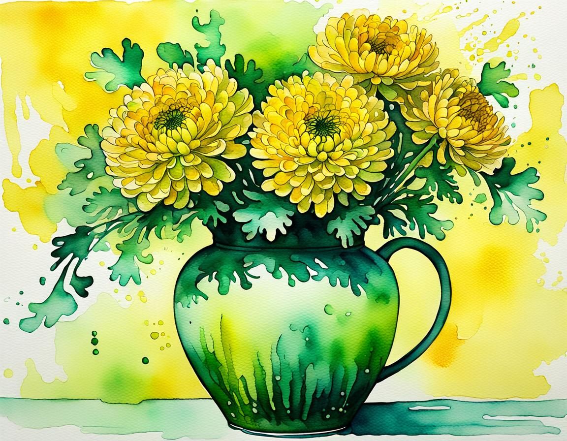Mums in Chinese Vase: Watercolor and Ink